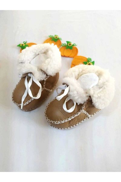 MİNİBİRİ Organic Genuine Lambskin Baby Booties Slippers Baby Boots Baby Shoes