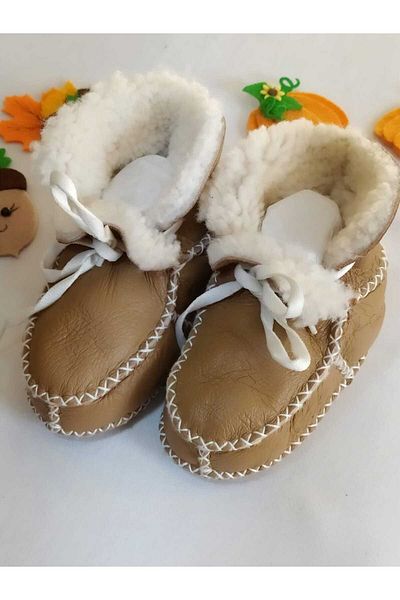 MİNİBİRİ Organic Genuine Lambskin Baby Booties Slippers Baby Boots Baby Shoes