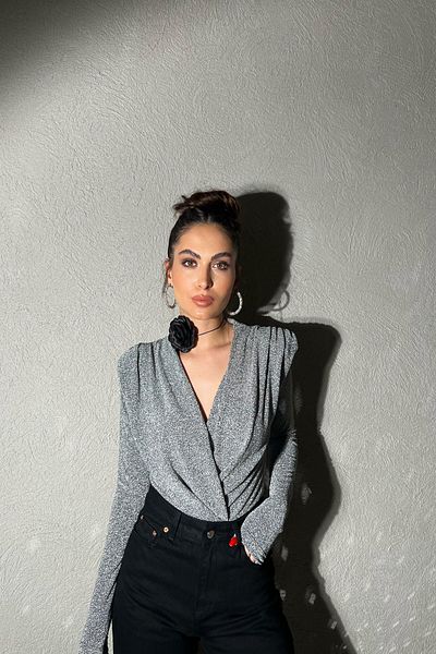 Seda Yalçın Atelier Silver Glitter Double Breasted Collar Padded Snap Body