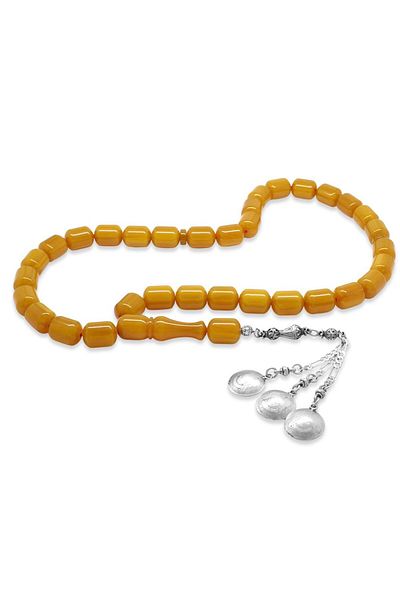 Tesbihane Non-Tarnish Metal Figaro Chain Tasseled Tip Capsule Cut Maxi Size Honey Color Squeeze Amber Prayer Beads
