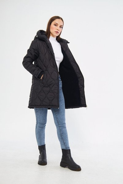 Passion Black Special Patterned Fur Lined Quilted Women's Coat