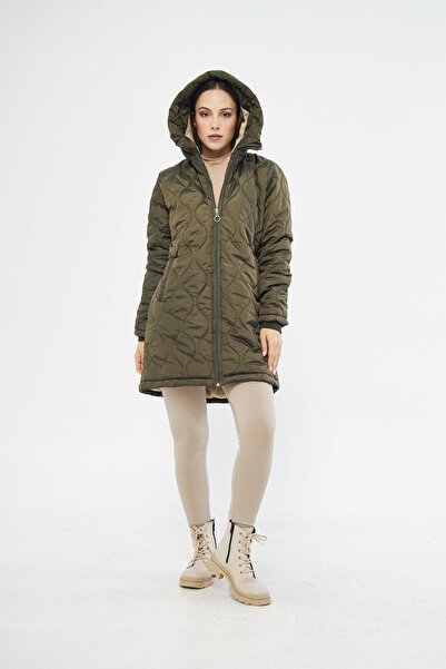 Passion Khaki Special Patterned Fur Lined Quilted Women's Coat