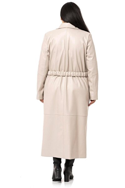 DISENTIS MODEST Large Size Drawstring Belted Windbreaker Long Leather Lined Stone Color Coat