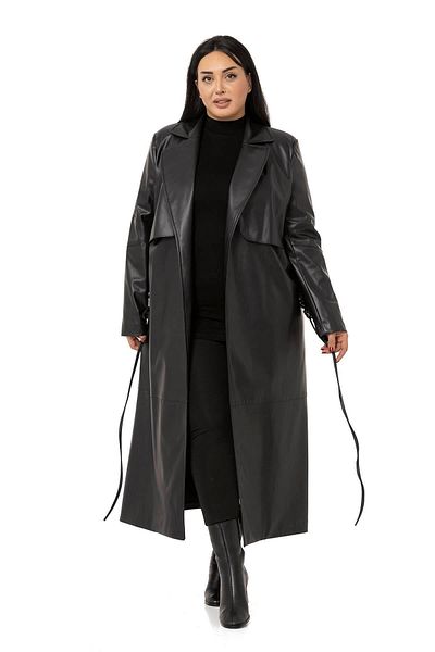 DISENTIS MODEST Large Size Gathered Belted Windbreaker Long Leather Lined Black Coat