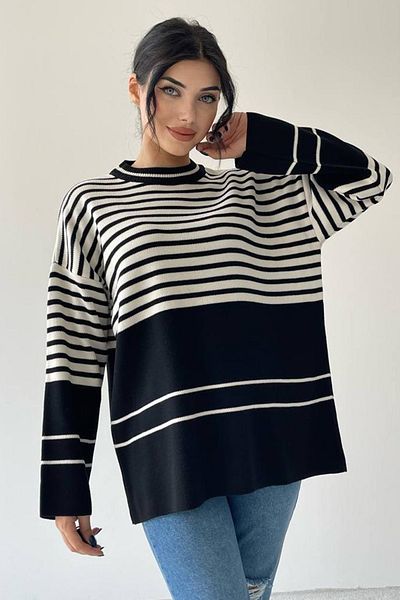 lovebox Women's Knitwear Fabric Crew Neck Striped Pattern Oversize Sweater 198