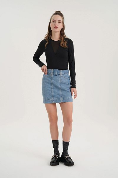 CROSS JEANS Light Blue High Waist Belt Detailed Jean Skirt C 4532-034