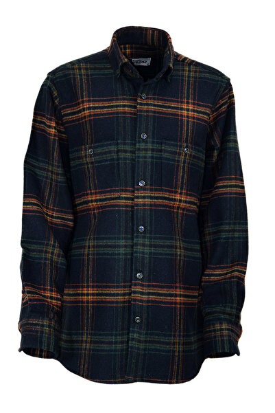 YILDIZ GÖMLEK Lacivert Üzeri Yeşil Kiremit Sarı Kareli Düğmeli Yaka Çift Cepl...