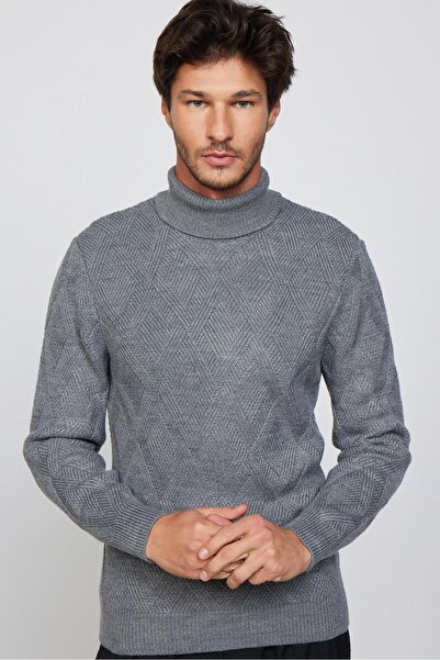 Tudors Erkek Slim Fit Dar Kesim Tam Balıkçı Yaka Desenli Gri Triko Kazak
