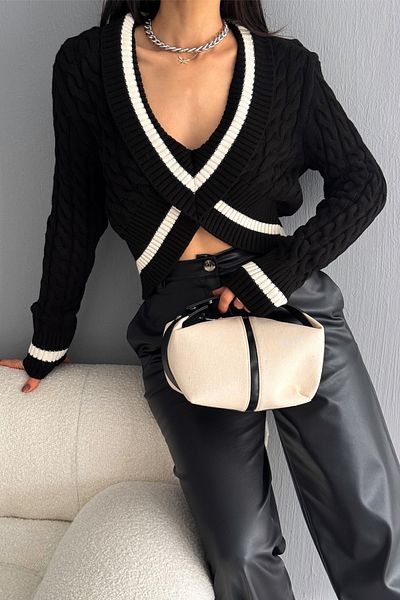 FEMELLE Pulover tricotat cu design negru pentru femei