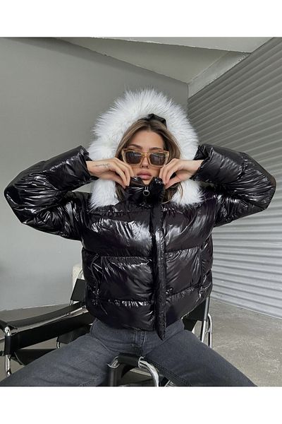 Ekim Store Dámské lesklé nafukovací kabáty Bomber s kapucí