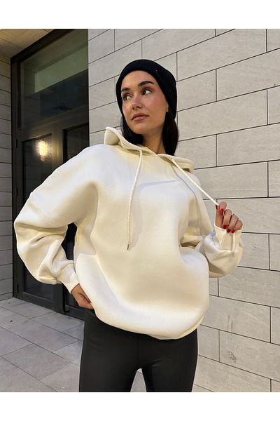 minaaise Hanorac de bază oversize, alb polar, cu glugă 26259