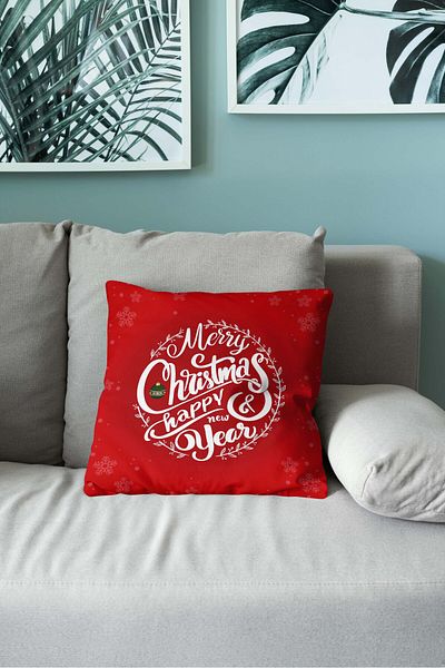 menesahome New Year's Themed MerryChristmas Written Red and White Patterned Digital Printed Throw Pillow Cover