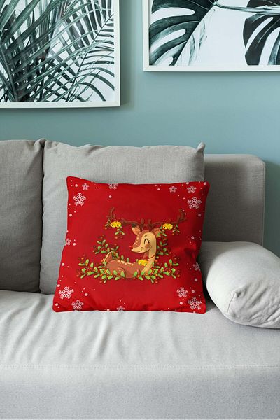menesahome Menesa Home New Year Themed Deer Patterned Red Colored Digital Printed Throw Pillow Cover