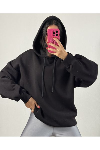minaaise Hanorac de bază oversize negru cu glugă 26259