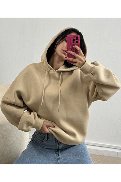 minaaise Hanorac de bază oversize cu glugă bej nisip 26259