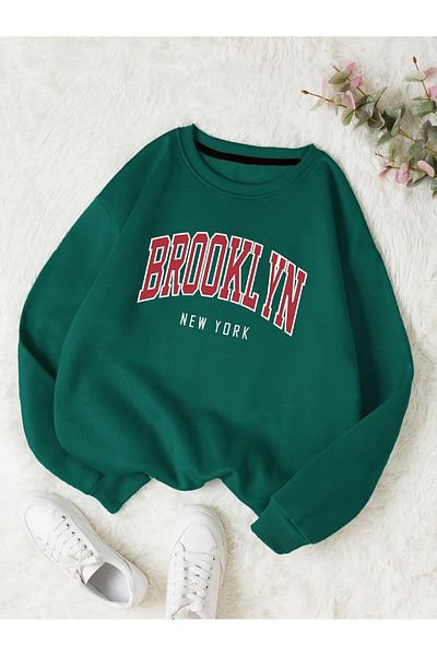 PALPİTO Унисекс тъмнозелен суитшърт с щампа Brooklyn New York и кръгло деколте