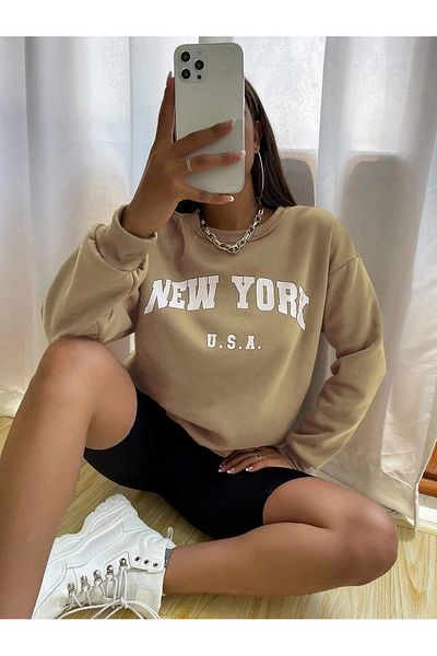 PALPİTO Γυναικείο φούτερ με κουκούλα σε μπεζ New York USA