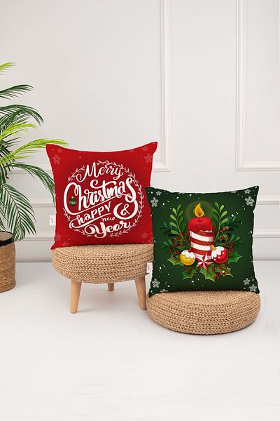 menesahome New Year's Themed Merry Christmas Written Green Colored Candle Pattern Digital Printed Throw Pillow Cover 2-Piece