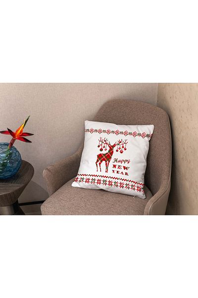 menesahome New Year Themed Happy New Year Written Deer Patterned Red and White Patterned Digital Printed Throw Pillow