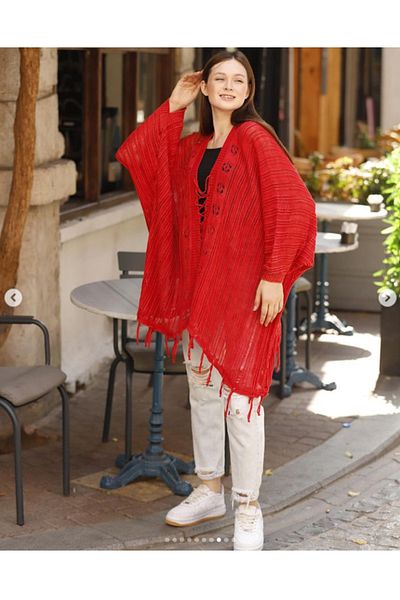 AYASOFYA OTANTIK Women's Red Rope Cross-Tied Tasseled Ethnic Authentic Oversize Loose Cotton Knitwear Blouse