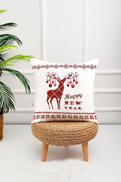 menesahome New Year Themed Happy New Year Written Deer Patterned Red and White Patterned Digital Printed Throw Pillow