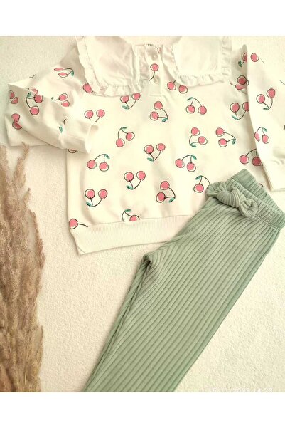 Baby Kiraz Desenli İki İplik Kız Çocuk Kaşkorse Taytlı Takım