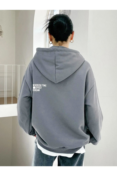 Benisengiydir Γυναικεία φούτερ με κουκούλα από ανθρακί με στάμπα Oversize