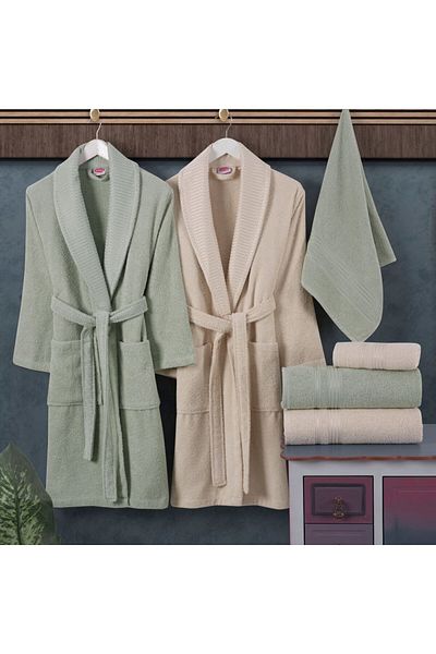 Hobby Cream Water Green Cotton Bathrobe Set - Casual