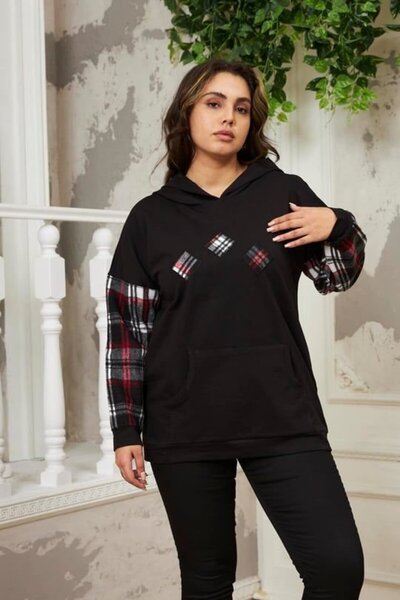 Genel Markalar Kollar Ekose Büyük Beden Siyah Sweatshirt