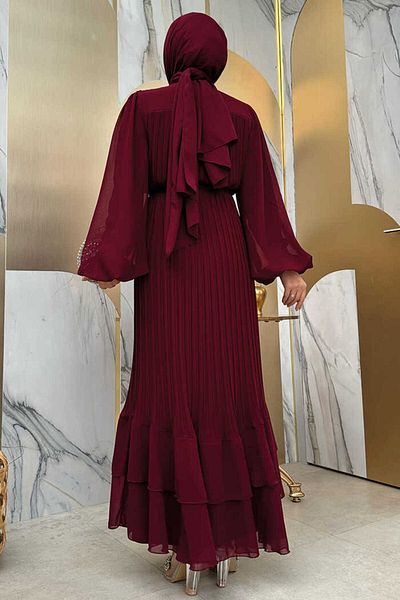 Bym Fashion Pleated Layered Detailed Lined Dress 3836 Claret Red
