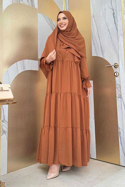 Bym Fashion Σετ βραδινό φόρεμα με ελαστικό μανίκι στο πάτωμα 3859 Tan