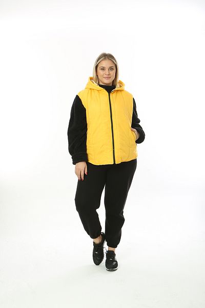 XL Modam WOMEN'S LARGE SIZE QUILTED YELLOW SLEVES BLACK PLUSH SHORT COAT