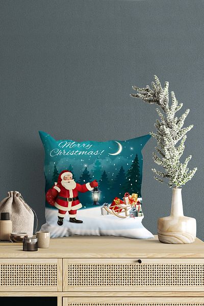 menesahome Christmas Themed Santa Claus Patterned Merry Christmas Written Snowflake Digital Printed Throw Pillow Cover