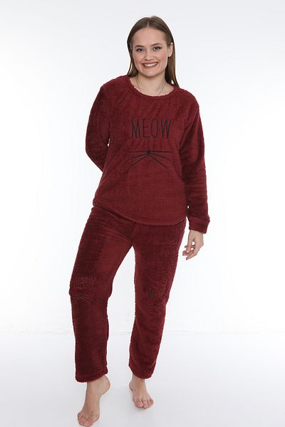 FAMES PİJAMA Meow Written Wellsoft Fabric Long Sleeve Winter Women's Pajama Set