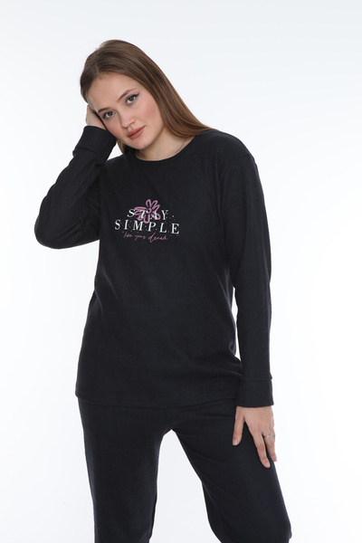 FAMES PİJAMA Simple Ribbed Interlock Long Sleeve Women's Pajama Set