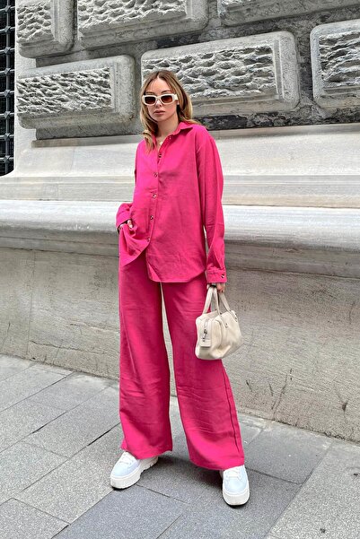 Swist Pink Oversize Linen Shirt-Pants Women's Bottom-Top Set