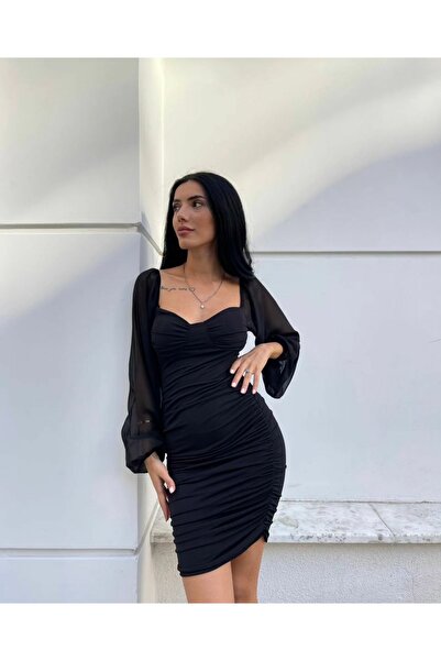 Leo Ferre Sandy Tül Detaylı Drapeli Midi Elbise