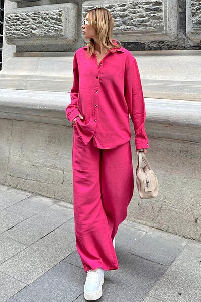 Swist Pink Oversize Linen Shirt-Pants Women's Bottom-Top Set