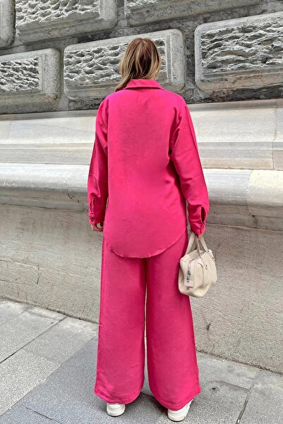 Swist Pink Oversize Linen Shirt-Pants Women's Bottom-Top Set