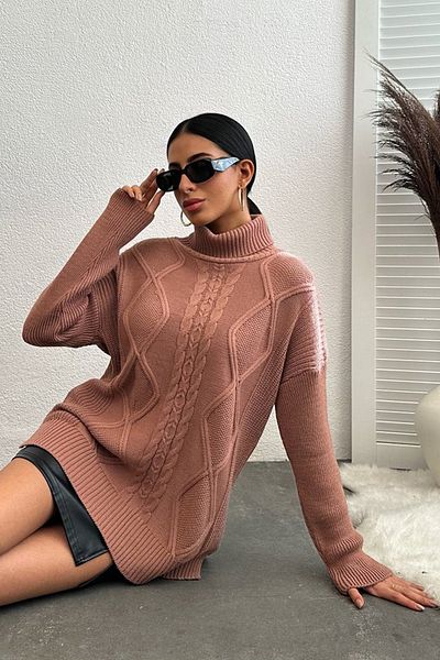 bayansepeti Pulover Dusty Rose, cu mânecă lungă, cu umăr scăzut, cu gât supradimensionat 8080