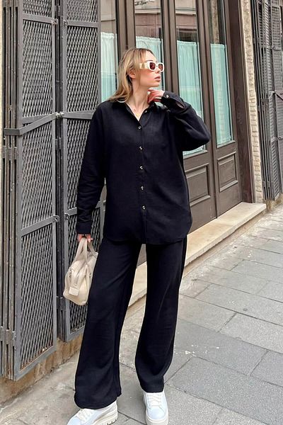 Swist Black Oversize Linen Shirt-Pants Women's Bottom-Top Set