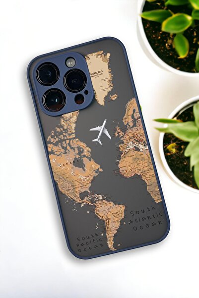 mooodcase iPhone 13 Pro Max Uyumlu Dünya Harita Desenli Buzlu Şeffaf Lüx Telefon Kılıfı