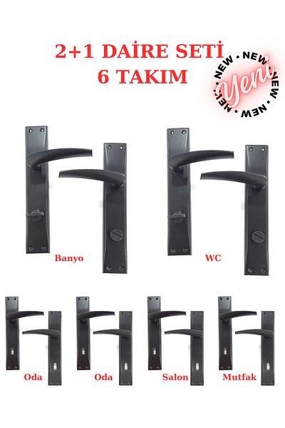 ARON (6 SET) NEW BRAWO MATTE BLACK DOOR HANDLE WITH MIRROR (2+1) LEATHER SET (4 ROOMS - 2 WC)
