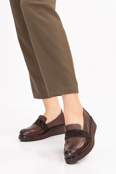 Akgün Terlik Women's Genuine Leather Brown Comfort Shoes