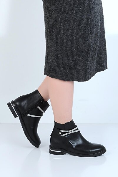 Ayakcenter 23-8015 حذاء نسائي مسطح قصير بلون أسود مونلايت