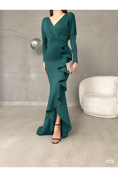 ModaLy Moda Εύκαμπτο ύφασμα κατάδυσης Πράσινο χρώμα Βολάν Λεπτομερές μακρυμάνικο βραδινό φόρεμα Gl-739 582667
