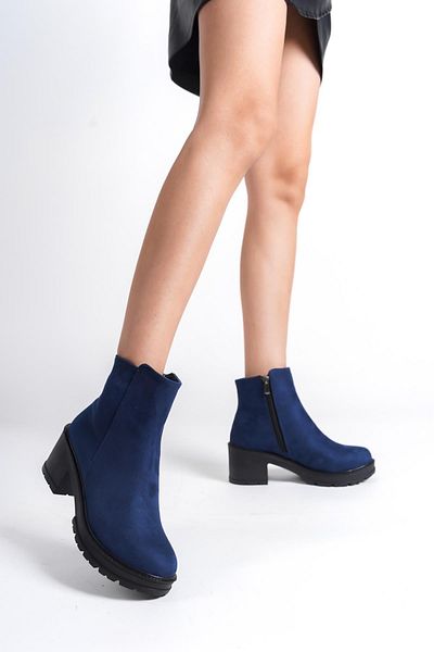 Modabuymus Calsan Navy Blue Suede Καθημερινές μπότες με φερμουάρ με χοντρό τακούνι