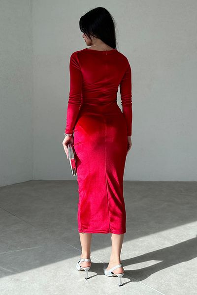 lovebox Gathering Detail Wide Collar Pencil Cut Midi Length Long Sleeve Flexible Velvet Fabric Red Evening Dress 3660