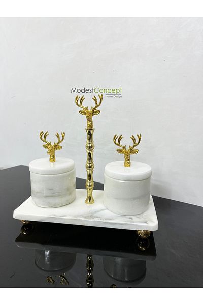Modestmar Natural White Marble Spice Rack Set 3 pieces with lid gold deer object marble spice bowl set