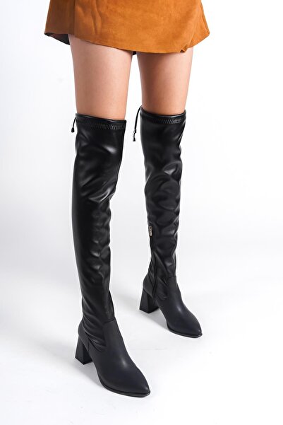 Modabuymus Khaiten Siyah Streç Dizüstü Kalın Topuklu Esnek Çorap Çizme